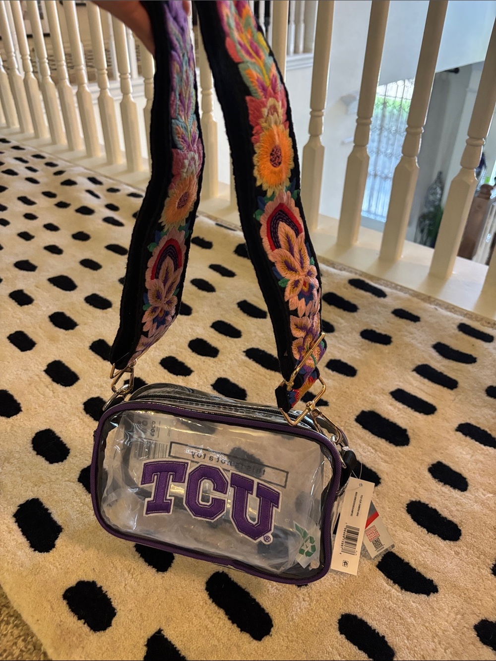 TCU Clear Crossbody Bag with Embroidered Floral Strap - Purple Accents